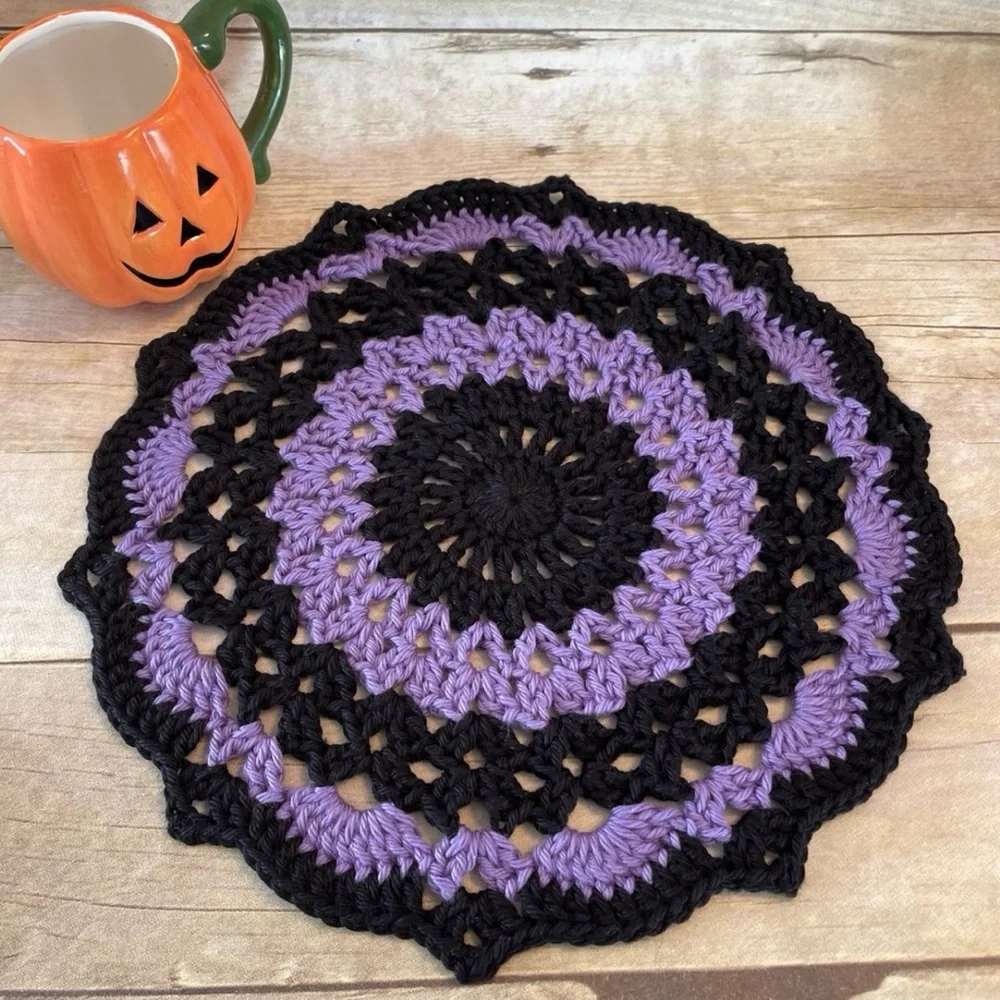 Halloween 12 Inch Crochet Doily Centerpiece Handmade Purple & Black